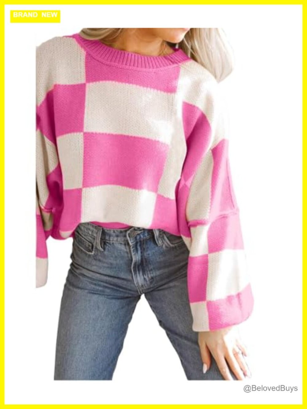 Oversized Checkered Sweater Crew Neck Long Sleeve Pullover Chunky Knit